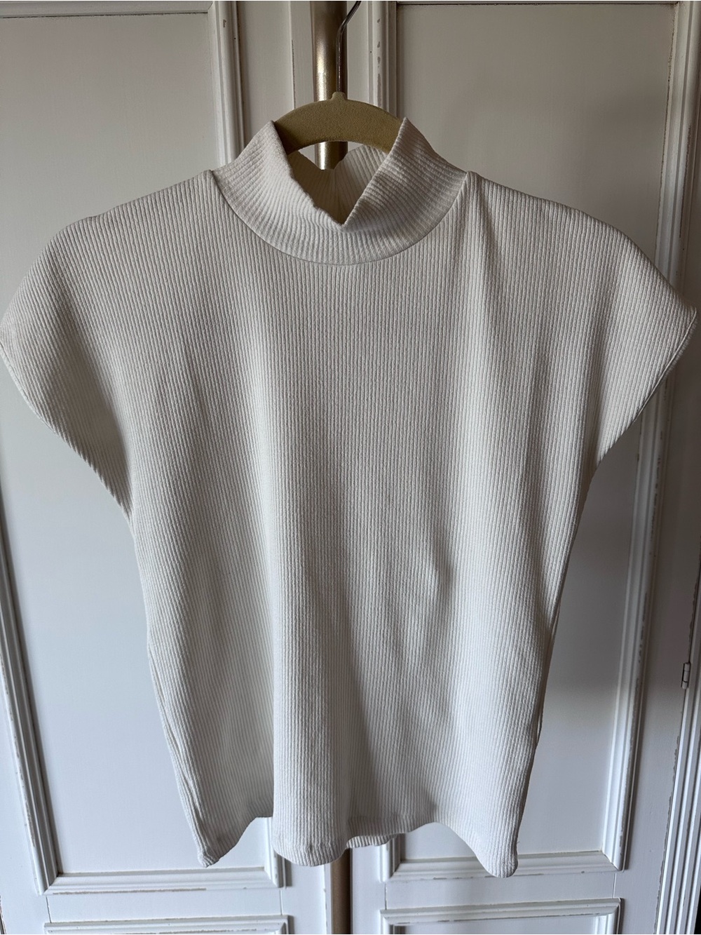 Zara Cream Ribbed Mock Neck Cap sleeve Top